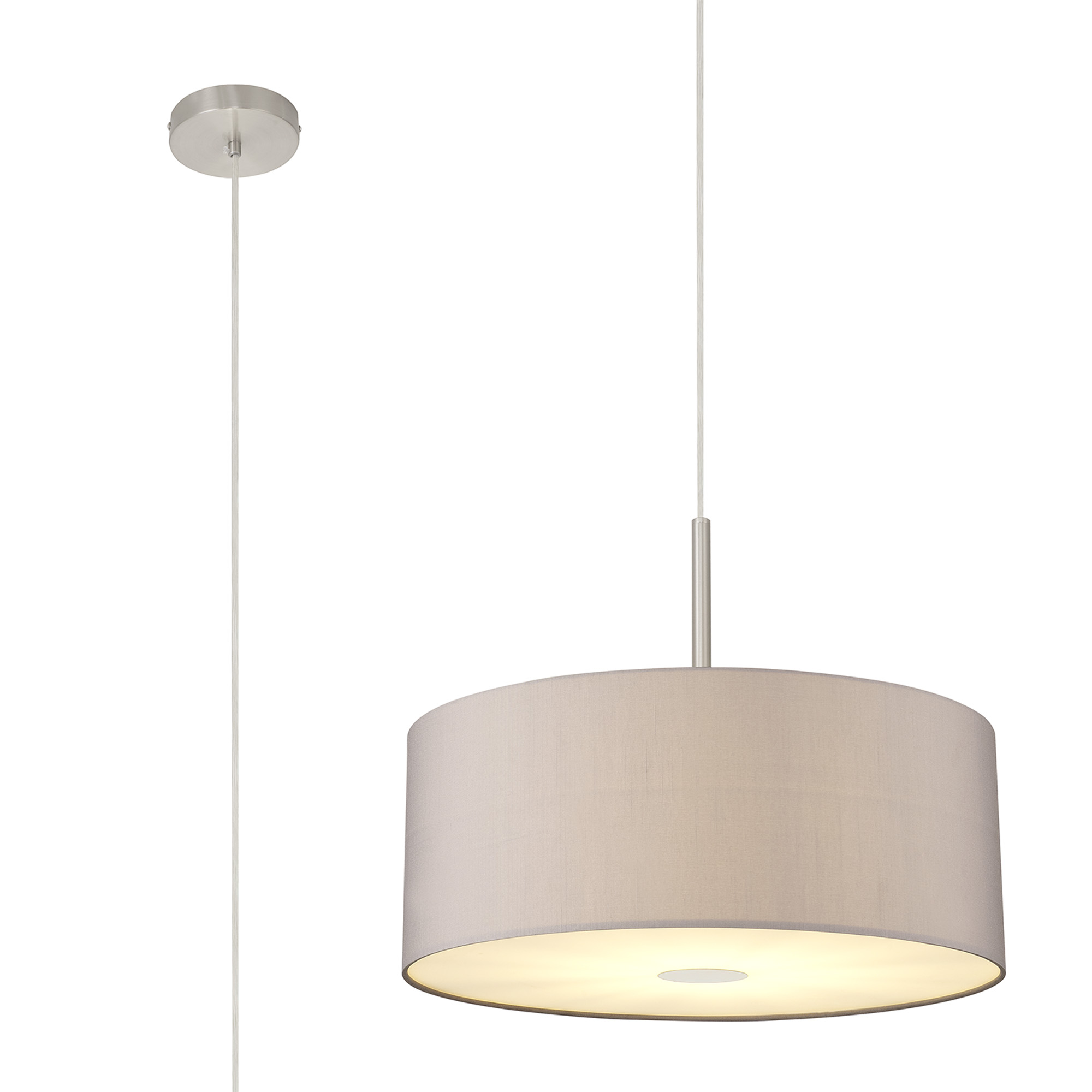 DK0310  Baymont 50cm Pendant 1 Light Satin Nickel, GreyWhite Laminate, Frosted Diffuser
